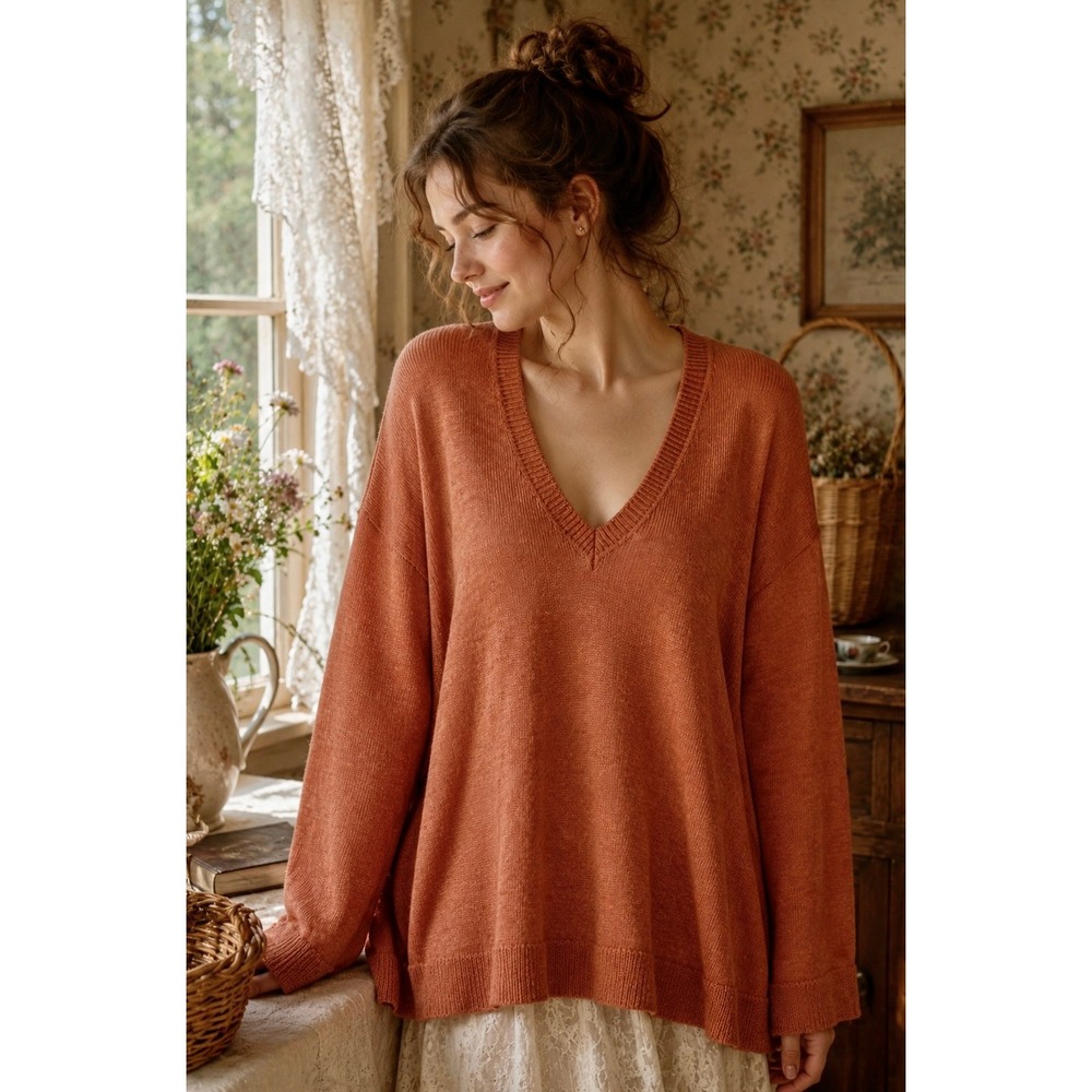 FREE PEOPLE Free-est V Neck Pullover Sweater Orange Knitwear Boho Bohemian Small